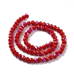 Dark Red Electroplate Opaque Solid Color Glass Beads Strands, Half Rainbow Plated, Faceted, Rondelle, Dark Red, 4x3mm, Hole: 0.4mm, about 123~127pcs/strand, 16.5~16.9 inch(42~43cm)