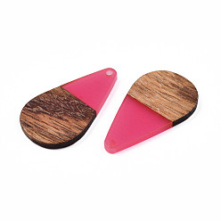 Hot Pink Transparent Resin & Walnut Wood Pendants, Teardrop Shape Charm, Hot Pink, 38x22x3mm, Hole: 2mm