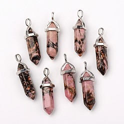 Rhodonite Natural Rhodonite Double Terminated Pointed Pendants, with Random Alloy Pendant Hexagon Bead Cap Bails, Bullet, Platinum, 37~40x12mm, Hole: 3mm