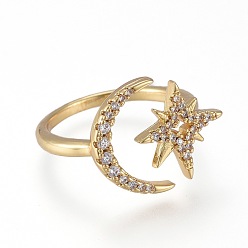 Настоящее золото 18K Латунные кольца из манжеты с прозрачным цирконием, открытые кольца, долговечный, звезда и луна, реальный 18 k позолоченный, размер США 7 1/4 (17.5 мм)