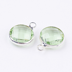 Pale Green Silver Color Plated Brass Glass Flat Round Charms, Faceted, Pale Green, 12x8.5x3mm, Hole: 1.5mm