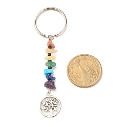 Mixed Stone Natural & Synthetic Gemstone Beaded Keychains, with Alloy Pendants & Glass Beads, Iron & 304 Stainless Steel Findings, Tree, 8.3cm