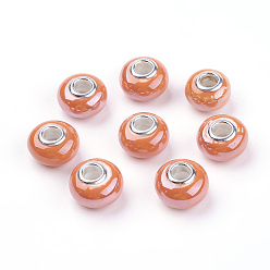 Orange Handmade Porcelain European Beads, with Silver Color Brass Double Cores, Rondelle, Orange, 15x10~11mm, Hole: 5mm