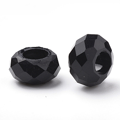 Black Acrylic Beads, Large Hole Beads, Faceted, Rondelle, Black, 13~14x8~8.5mm, Hole: 5.5mm