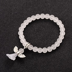 White Stretchy Frosted Glass Beads Kids Charm Bracelets for Children's Day, with Tibetan Style Acrylic Findings, Lovely Wedding Dress Angel Dangle, White, 40mm