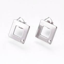 Stainless Steel Color 304 Stainless Steel Stud Earring Findings, Square/Rhombus, Stainless Steel Color, 13.5x13.5x0.8mm, Hole: 1mm, Pin: 0.7mm