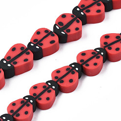 Red Handmade Polymer Clay Bead Strands, Ladybug, Red, 8~12x7.5~10x4~5mm, Hole: 1.5~2mm, about 38~40pcs/strand, 14.17 inch~15.35 inch(36~39cm)