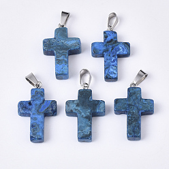 Natural Gemstone Natural White Stone(Imitation Netstone) Pendants, with Stainless Steel Peg Bails,  Dyed, Cross, Stainless Steel Color, 28~30x18x6mm, Hole: 7x3.5mm