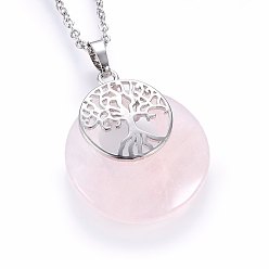 Rose Quartz Natural Rose Quartz Pendant Necklaces, with 304 Stainless Steel Findings, Flat Round with Tree, 19.68 inch(50cm), Pendant: 40x28x6mm