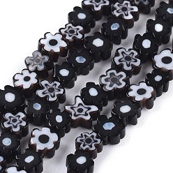 Noir Main millefiori perles de verre brins, fleur, noir, 4~7.2x2.6mm, Trou: 1mm, Environ 60~69 pcs/chapelet, 16 pouce (40 cm)
