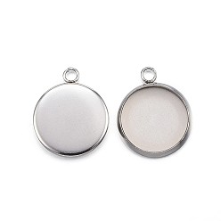 Stainless Steel Color 304 Stainless Steel Pendant Cabochon Settings, Plain Edge Bezel Cups, Flat Round, Stainless Steel Color, Tray: 12mm, 16.5x13.5x2mm, Hole: 1.8mm