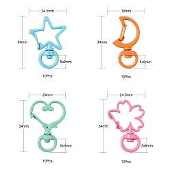 Mixed Color 40Pcs 4 Style Spray Painted Alloy Swivel Snap Hooks Clasps, Star & Moon & Flower & Heart, Mixed Color, 34~35.5x19~24.5x6~6.5mm, Hole: 5x9mm, 10pcs/style
