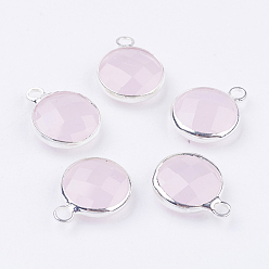 Lavender Blush Silver Color Plated Brass Glass Flat Round Charms, Faceted, Lavender Blush, 12x8.5x3mm, Hole: 1.5mm