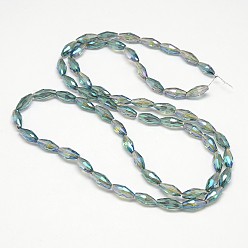 Dark Cyan Electroplate Crystal Glass Rice Beads Strands, Faceted, Rainbow Color Plated, Dark Cyan, 4x9mm, Hole: 1mm, about 58pcs/strand, 20.4 inch