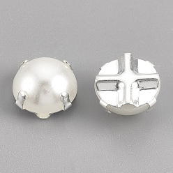 Silver ABS Plastic Imitation Pearl Shank Buttons, with Brass Findings, Half Round, Creamy White, Silver Color Plated, 8x8x5mm, Hole: 1mm