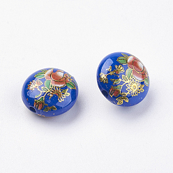 Royal Blue Flower Printed Resin Beads, Flat Round, Royal Blue, 16.5x9mm, Hole: 2mm