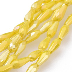 Yellow Electroplated Opaque Glass Beads Strands, Full Rainbow Plated, Faceted, Teardrop, Yellow, 9~10x4mm, Hole: 0.8mm, about 70~72pcs/strand, 25.98 inch~27.95 inch(66~71cm)