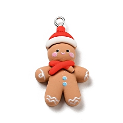 Sandy Brown Christmas Opaque Resin Pendants, with Platinum Tone Iron Loops, Gingerbread Man Charm, Sandy Brown, 33x19x6.5mm, Hole: 2x2.7mm