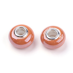 Orange Handmade Porcelain European Beads, with Silver Color Brass Double Cores, Rondelle, Orange, 15x10~11mm, Hole: 5mm