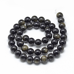 Golden Sheen Obsidian Natural Golden Sheen Obsidian Beads Strands, Grade AB, Round, 8~9mm, Hole: 1mm, about 45~48pcs/strand, 15.7 inch