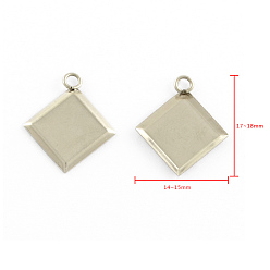 Stainless Steel Color Stainless Steel Pendant Cabochon Settings, Plain Edge Bezel Cups, Rhombus, Stainless Steel Color, Tray Side Length: 9.5mm, Diagonal Length: 12mm, 17~18x14~15x1mm, Hole: 2mm