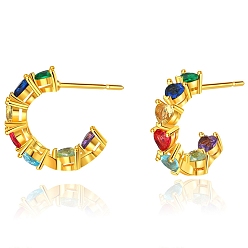 Golden Colorful Cubic Zirconia Heart Wrap Sutd Earrings, Brass Half Hoop Earrings for Women, Golden, 18x2.3mm