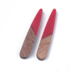 Rouge Pendentifs en bois de résine et de noyer, larme, rouge, 44x7.5x3mm, Trou: 1.2mm