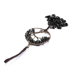 Obsidian Wire Wrapped Chips Natural Obsidian Big Pendant Decorations, with Red Copper Plated Brass Wires and Nylon Cord, Flat Round with Tree of Life, 160~180mm