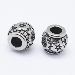 Antique Silver 316 Surgical Stainless Steel European Beads, Large Hole Beads, Rondelle with Flower, Antique Silver, 10.5x10mm, Hole: 5mm