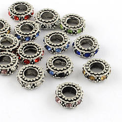 Mixed Color Antique Silver Plated Alloy Rhinestone Donut Large Hole European Beads, Mixed Color, 11x4.5mm, Hole: 5mm