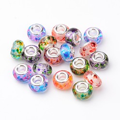 Mixed Color Resin European Beads, Large Hole Rondelle Beads, with Brass Cores, Silver Color Plated, Mixed Color, 14x9mm, Hole: 4.5mm