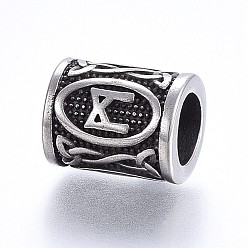 Antique Silver 304 Stainless Steel Beads, Viking Runes Beads for Hair Beards, Dreadlocks Hair Braiding, Column with Rune/Futhark/Futhorc, Antique Silver, 16x13mm, Hole: 8mm