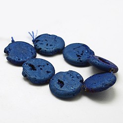 Blue Plated Electroplated Natural Druzy Geode Crystal Beads Strands, Flat Round, Dyed, Blue Plated, 30x7~8mm, Hole: 2mm, about 7pcs/strand, 8.26 inch(21cm)