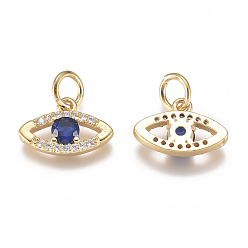 Real 18K Gold Plated Brass Micro Pave Cubic Zirconia Charms, with Jump Ring, Long-Lasting Plated, Eye, Blue, Real 18K Gold Plated, 8x12x2mm, Hole: 3mm