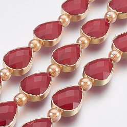 FireBrick Opaque Glass Beads Strands, Faceted, with Golden Tone Brass Edge, Teardrop & Round, FireBrick, 18x12.5~13x7~7.5mm, Hole: 1mm, about 10pcs/strand, 9 inch(23cm)