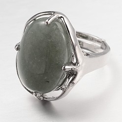 Green Aventurine Adjustable Oval Gemstone Wide Band Rings, with Platinum Tone Brass Findings, US Size 7 1/4(17.5mm)