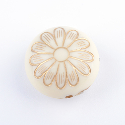 Beige Flat Round with Flower Plating Acrylic Beads, Golden Metal Enlaced, Beige, 16x10mm, Hole: 1.5mm, about 380pcs/500g