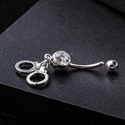 Crystal Piercing Jewelry Real Platinum Plated Brass Rhinestone Handcuffs Navel Ring Belly Rings, Crystal, 43x9mm, Bar Length: 3/8"(10mm), Bar: 14 Gauge(1.6mm)
