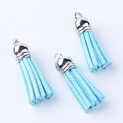 Sky Blue Faux Suede Tassel Pendant Decorations, with CCB Plastic Cord Ends, Platinum, Sky Blue, 35~37x10mm, Hole: 1.8mm
