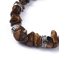 Tiger Eye Natural Tiger Eye Chip Bracelets, with Flat Round Tibetan Style Alloy Spacers Beads and Stainless Steel Findings, 7-1/4 inch~7-3/8 inch(18.4~18.8cm)