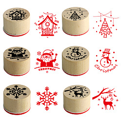 BurlyWood 6Pcs 6 Styles Christmas Theme Wooden Stamps, Column with Snowflake & Reindder & Christmas Tree & Santa Claus & Snowman & House, BurlyWood, 13.5x9x2.1cm, Stamp: 30x21mm, 1pc/style