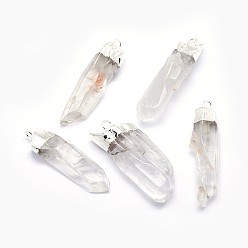 Quartz Crystal Natural Quartz Crystal Pointed Pendants, Rock Crystal Pendants, with Silver Color Plated Brass Finding, Nuggets, 20~52x5~14x6~12mm, Hole: 2.5mm