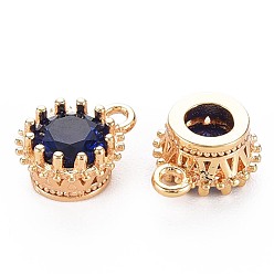 Dark Blue Brass Micro Pave Cubic Zirconia Charms, Nickel Free, Real 18K Gold Plated, Faceted Flat Round, Dark Blue, 9x7x4mm, Hole: 1.2mm