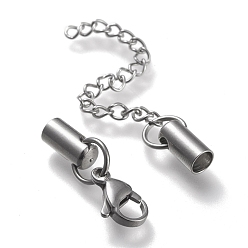 Stainless Steel Color 304 Stainless Steel Curb Chain Extender, with Cord Ends and Lobster Claw Clasps, Stainless Steel Color, Chain Extender: 53mm, Clasps: 12.5x8x3.5mm, Cord Ends: 9.5x4.5mm, 4mm inner diameter
