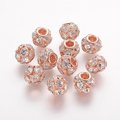 Crystal Brass Beads, with Grade A Rhinestone, Rondelle, Rose Gold, Crystal, 12x10mm, Hole: 4mm
