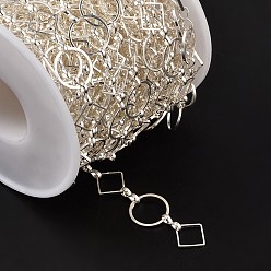 Silver Brass Handmade Chains, Unwelded, with Spool, Silver Color Plated, Round: about 12mm in diameter, 1mm thick, Diamond: about 8mm long, 8mm wide, 0.5mm thick, about 32.8 Feet(10m)/roll