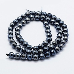 Black Electroplated Natural Agate Beads Strands, Dyed & Heated, Round, Faceted, Black, 8mm, Hole: 1.5mm, about 47pcs/strand, 14.9 inch(38cm)
