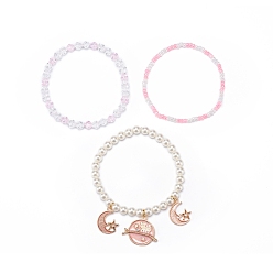 Pink 3 шт. 3 набор эластичных браслетов из жемчуга и стеклянных зерен в стиле ракушек, браслеты из сплава эмали с луной и звездой для женщин, розовые, внутренний диаметр: 2-1/8~2-1/4 дюйм (5.3~5.7 см), 3 шт / комплект