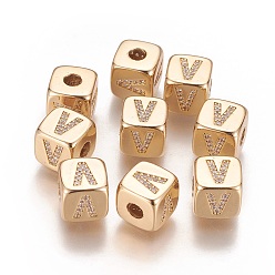 Letter V Brass Micro Pave Cubic Zirconia Beads, Horizontal Hole, Real 18K Gold Plated, Long-Lasting Plated, Cube with Letter, Clear, Letter.V, 9x9x9mm, Hole: 3.5mm