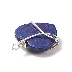 Lapis Lazuli Naturelles lapis-lazuli pendentifs, avec fil de cuivre argenté enroulé, cœur, 39~41x30~30.5x8.5~9.5mm, Trou: 4~4.2mm